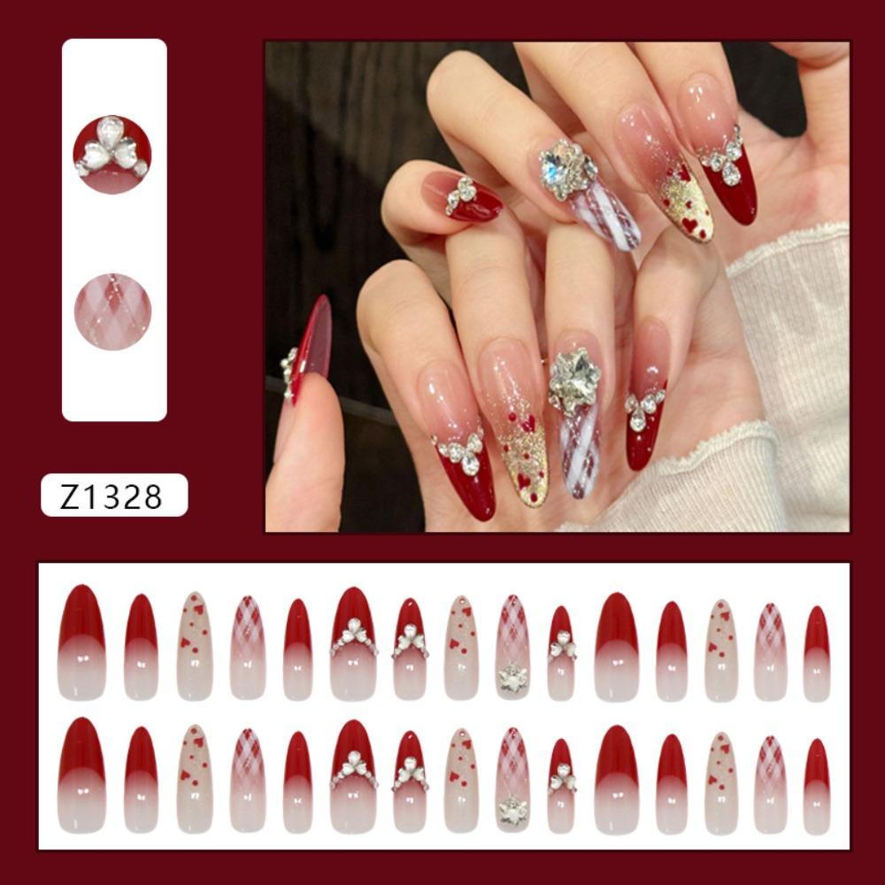 Detachable Long Almond Stiletto False Nails Cat Eye Red French Press on Nails Love Heart Crystal Gold Wave Fake Nials Women