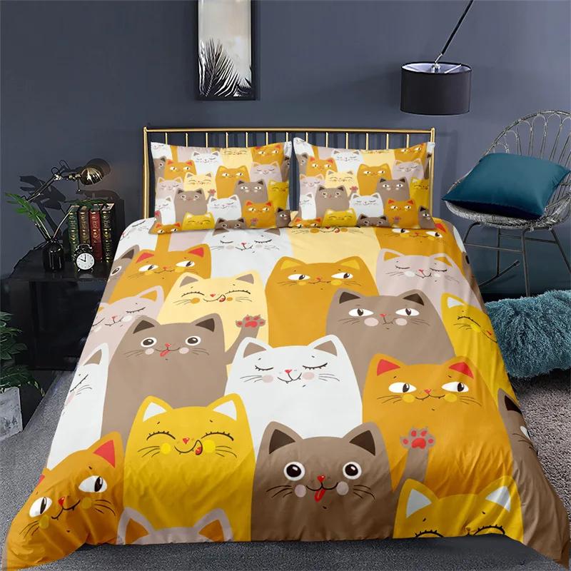 Kawaii Animal Duvet Cover Cute Cat Bedding Set For Girls Boys Kids, Pet Theme Cartoon Kitten Comforter Cover Lovely Cat Bed Set