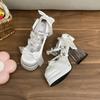 Elegant Woman Lolita Shoes Cute Sweet Satin High Heels Butterfly-knot Platform Transparent Chunky High Heel Pumps White Black 35
