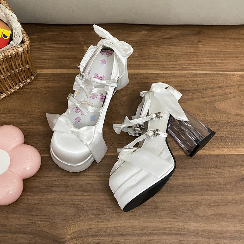 Fashion Elegant Woman Lolita Shoes Cute Sweet Satin High Heels Butterfly-knot Platform Transparent Chunky High Heel Pumps White Black 35