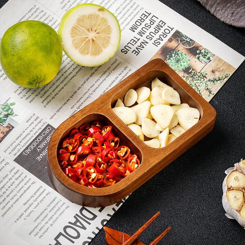 Xiangsi Wood Seasoning Dish, Divided Dish, Household Solid Wood Snack Dish, Hot Pot Barbecue, Three Grid Sauce Dish, Snack Dish