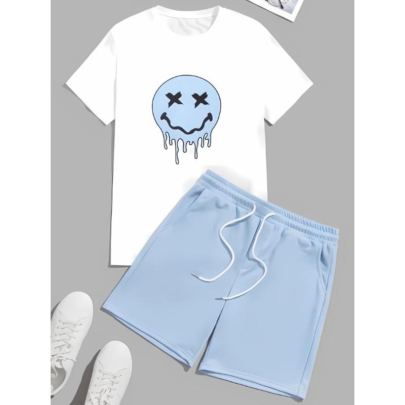 Men s 3D printed fashionable T-shirt+shorts set, men s fun pattern short sleeved shorts S