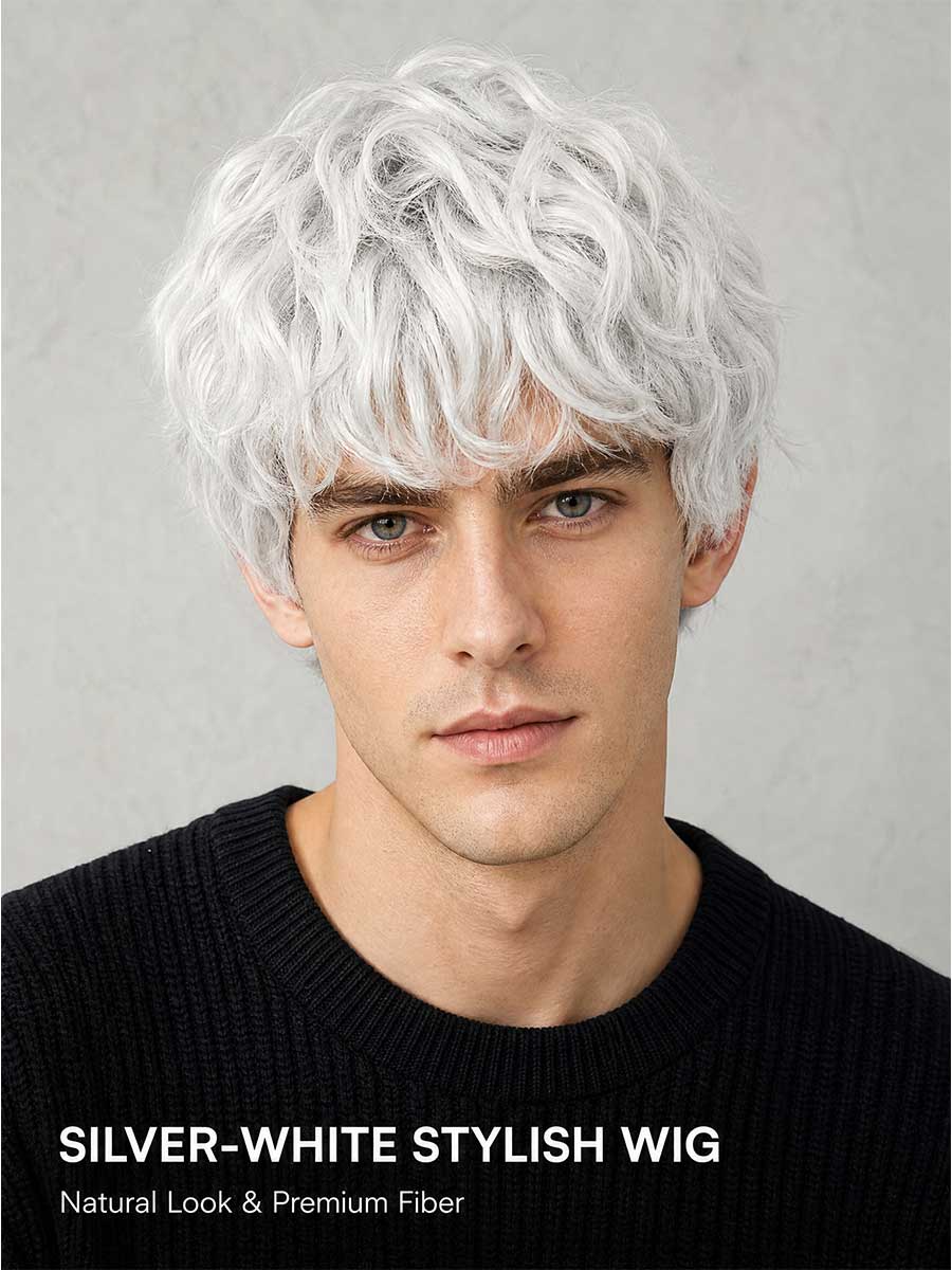 Silver White Short Wavy Wig for
