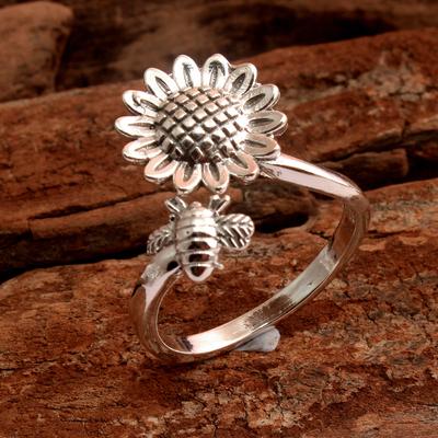 Sonnenblumenring, Frauenring, Statement-Schmuck, Honigbienenring, handgefertigter Schmuck, Silberring