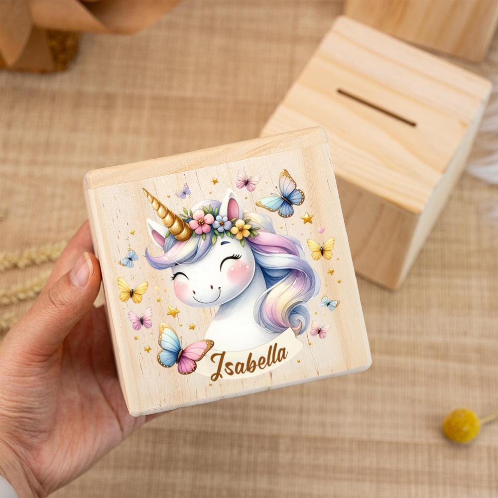 Customized name wooden cartoon dinosaur pattern printed money box, coin collection box, decorative piggy bank, birthday gift.