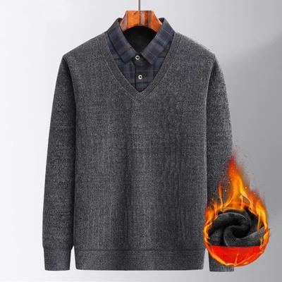 Plus Velvet Warm Sweater Fake Two-piece T-shirt Men's Fashion Dad Winter Casual Thickened Bottoming Shirt