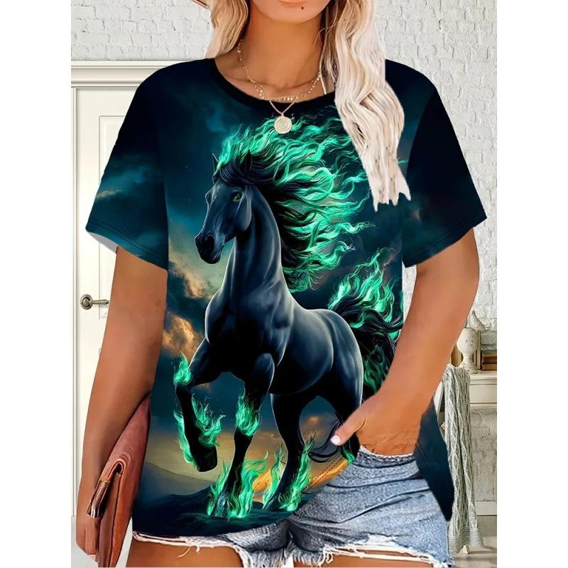 Summer Animal Horse Retro 3D Print T-Shirts Women Casual Short Sleeve T Shirt Streetwear Round Neck Tees Tops Female Clothing