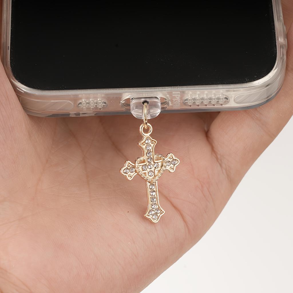 1pc Elegant Cross Charm Phone Dust Plug - Stylish Alloy Pendant with Sparkling Crystal Accents