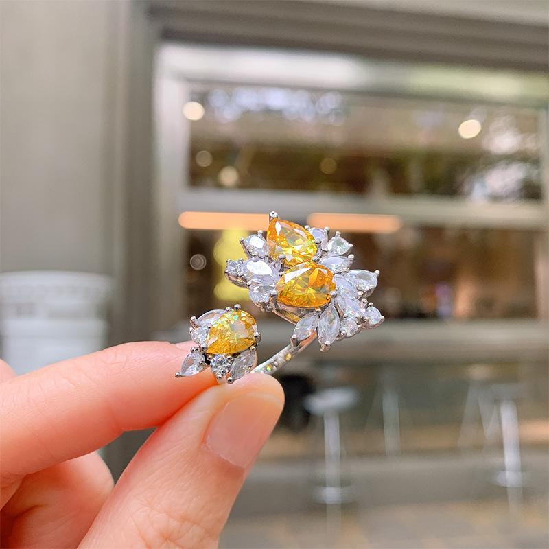 Simulation yellow diamond open ring female exaggerated irregular zircon simulation red pigeon blood ring fashion