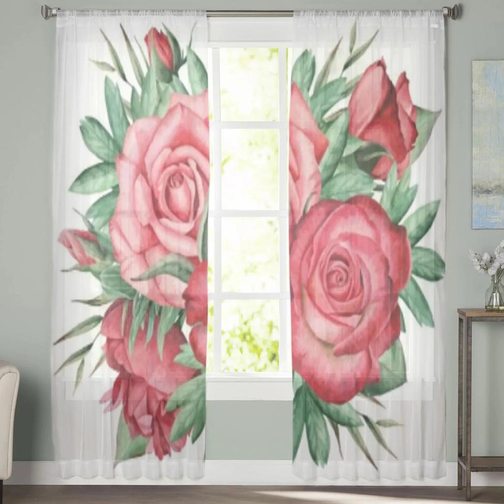 Rose Flower and Leaves Tulle Window Curtains for Living Room Yarn Sheer Voile Curtain for Bedroom Kitchen Drape Decor