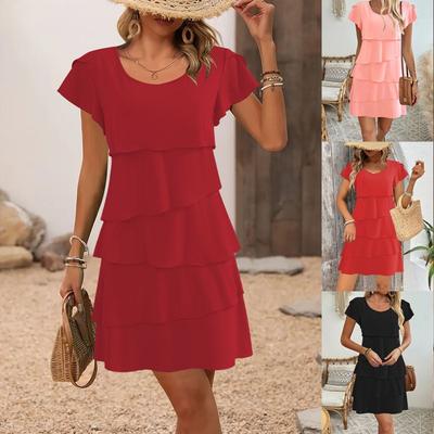 Summer Fashion Cake Dress Women's Wearwith A Loose and Slimming Styleround Neck and Flying Sleeves
