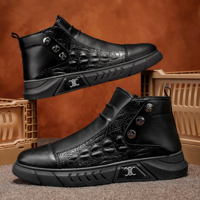 

Winter Men Leather Boots with Fur Outdoor Warm Casual Ankle Boots Fashion High Top Non-slip Work Shoes High Quality Chelsea Boot 39 чорний