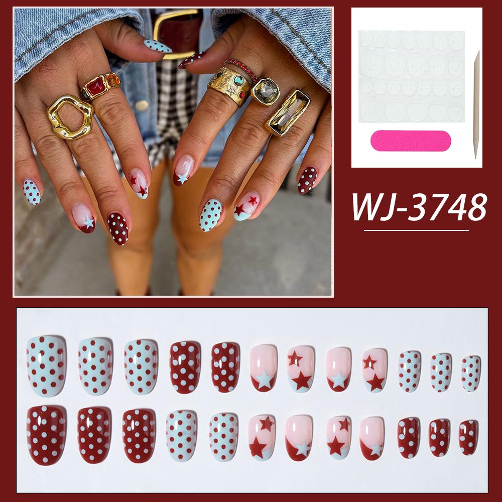 24pcs Oval Star Polka Dot Nail Stickers, Acrylic , Perfect Fit, Set Includes: 1pc Jelly Gel And 1pc Nail File. Short Nai