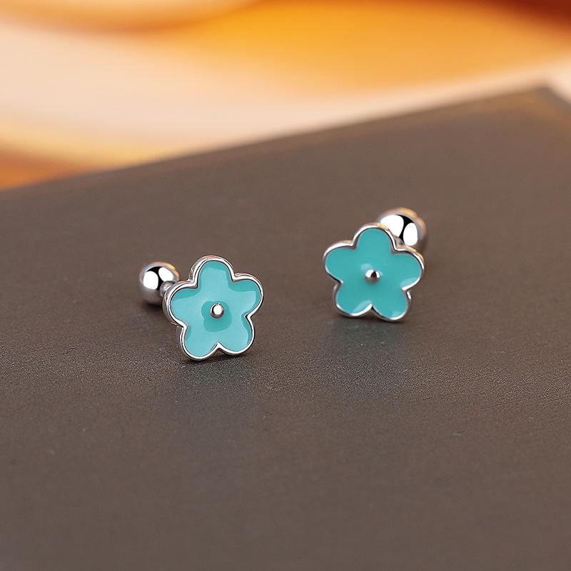 

Contrast Color Flower Screw Stud Earrings Female Design Earrings Sweet Lady Small Earbone Stud Ear Care 925 silver озеро синього кольору