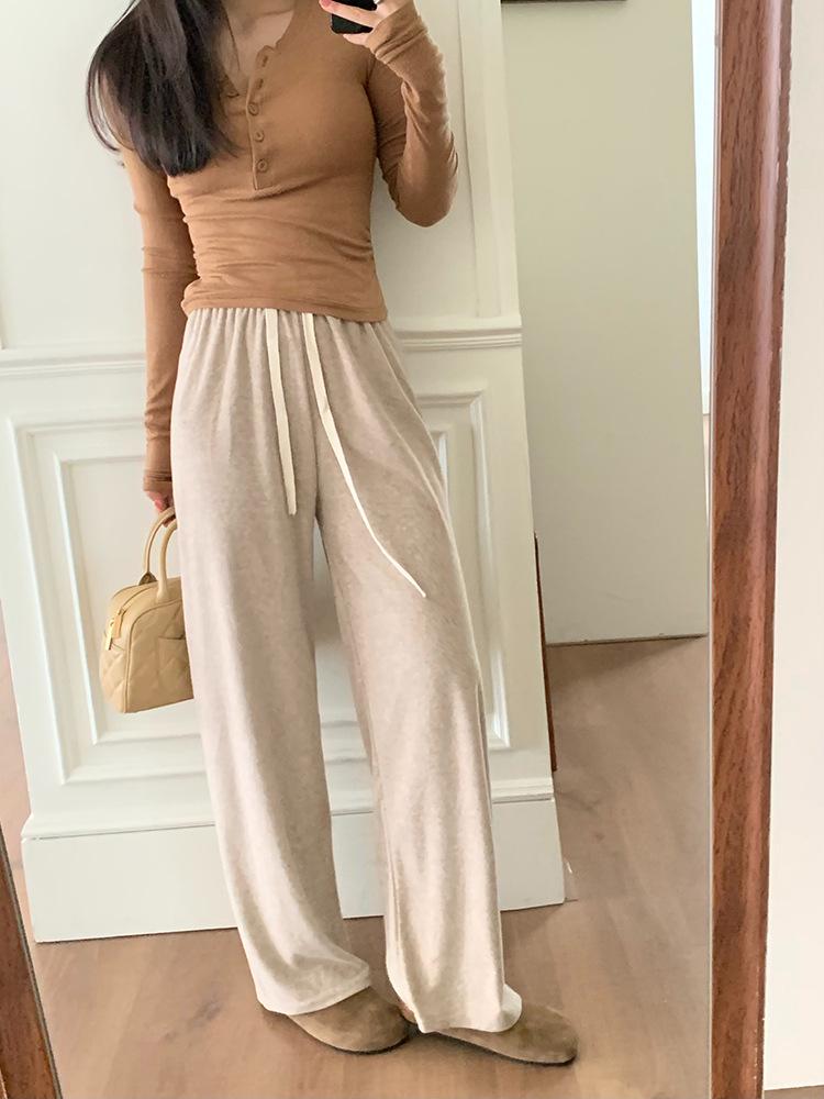 Damen High-Waist Kordelzug Weitbein Hose - Rosa Lässige Kaschmir Drapierhose für Herbst/Winter