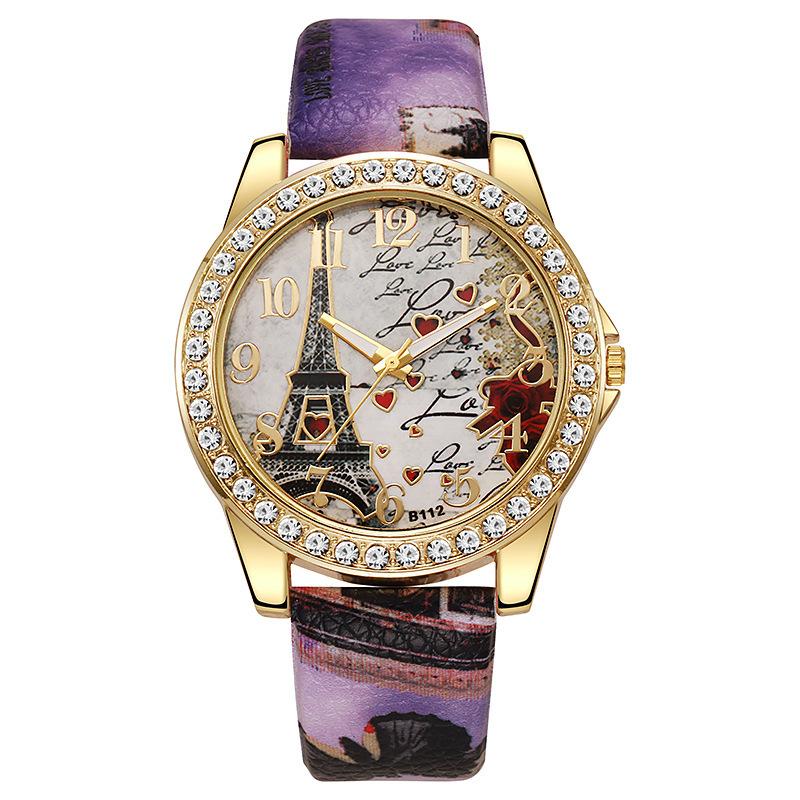 Fashion Rhinestone Women's Watch Flowers Printed Leather Band Female Quartz Watches