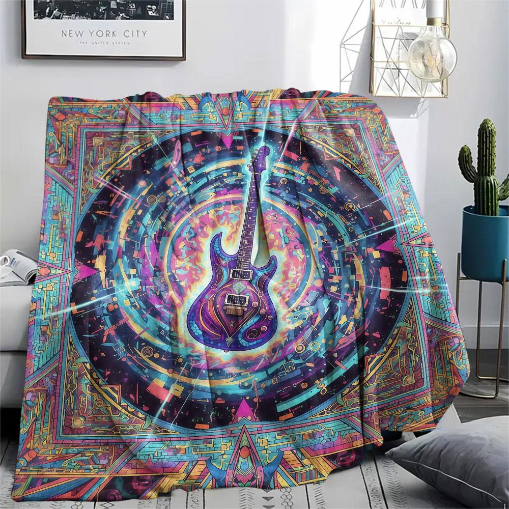 1Pc Vintageguitar Print Flannel Blanket, High quality Comfortable for All Seasons, Home Decor, Warmth and Comfort, Perfect for Christmas Gifts