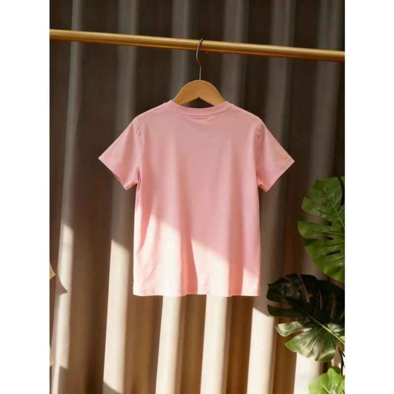 European Size Childrens Crew-neck Short-sleeved T-shirt with Black Cat Eating Sushi Pattern Print