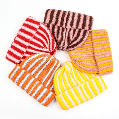 Contrasting Striped Double-layer Knitted Hat Thickened Autumn and Winter Versatile Fashion Trendy Crimped Wool Hat with Women