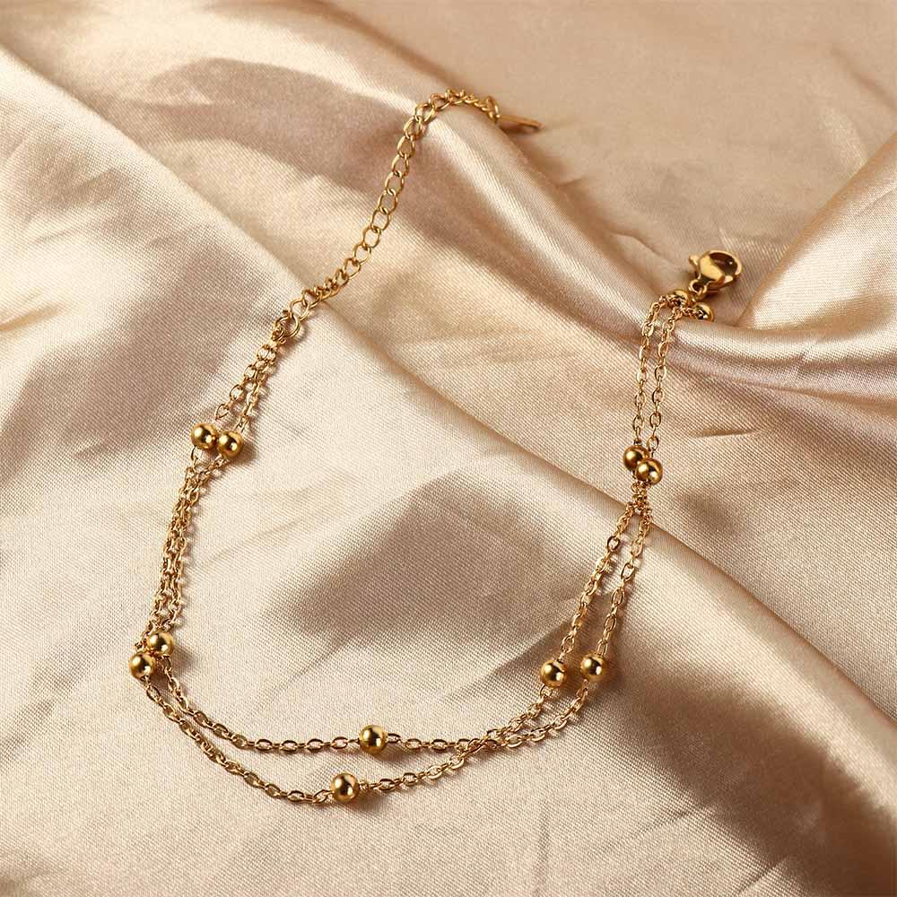 Fashion Titanium Steel Double-Layered Trending Anklet Bead Hypoallergenic Adjustable Foot Chains Party