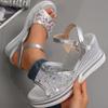 Fashion Women's Fashion Silver Wedge Heel Sandals Summer Shiny Crystal Platform Sandals Woman Breathable Mesh Thick Sole Sandalias Mujer