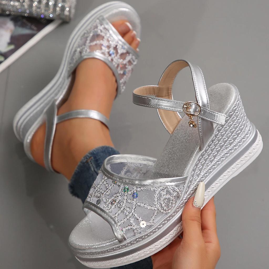 Fashion Women's Fashion Silver Wedge Heel Sandals Summer Shiny Crystal Platform Sandals Woman Breathable Mesh Thick Sole Sandalias Mujer