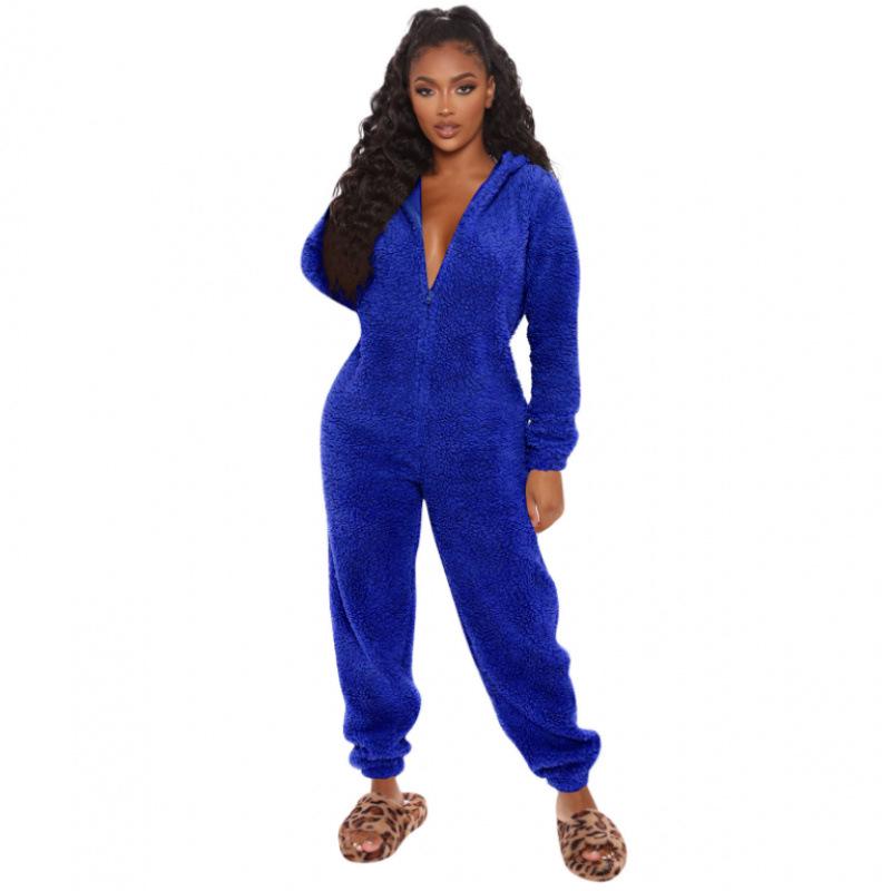 2024 Trendy EU & US Fall/Winter Fleece-Lined Thick Hooded Jumpsuit Pajamas for Women