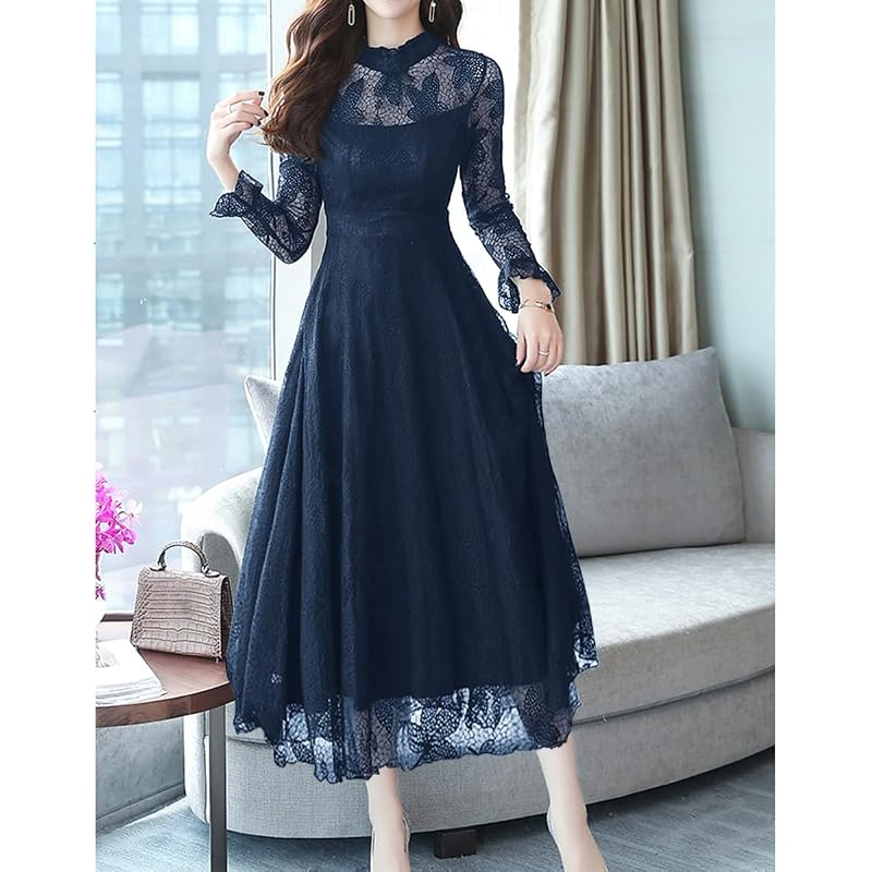 [Sueeya] (Sueeya) Women's Lace Long Frill Dress, Long Sleeves, Flare, All-over Print, Cute, High Waist, Slimming Effect, Stylish, Sheer, Beautiful,