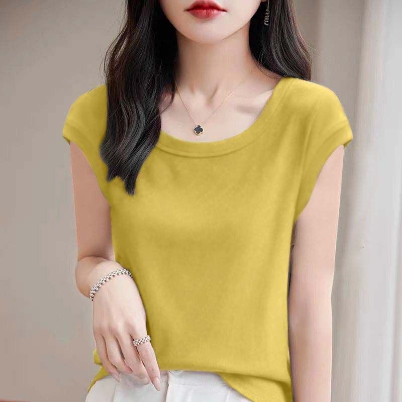 Women Modal T Shirt Short Sleeve Summer Slim Fit Flutter Sleeve Round Neck Comfortable Casual Tee