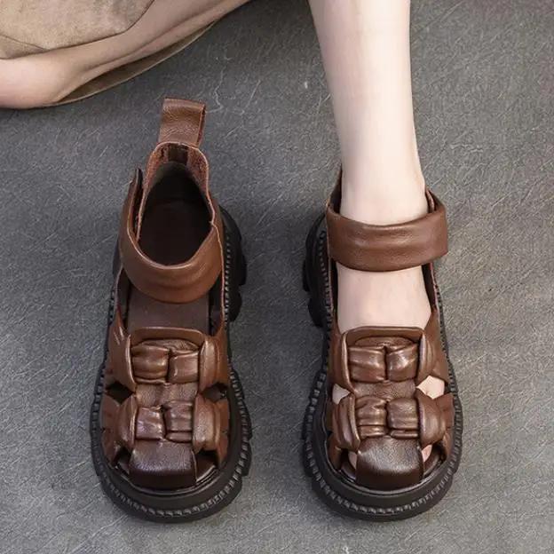 Fashion Top quality 7CM Cow Weave Genuine Leather Hook Hollow Platform Wedge Women Mary Jane Sandals Summer Slippers Pumps Shoes Flats