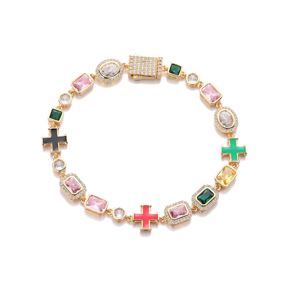 

1MM Geometric Colored Gemstones Full Necklace Bracelet Hip Hop Style Jewelry Unisex Jewelry Bracelet 7inch (length about 18cm) золотий