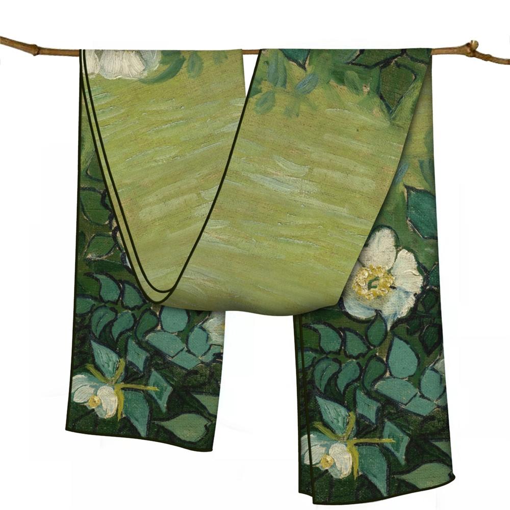POBING Twill Silk Scarf Women Poncho Hand Rolled Luxury Oil Painting Long Scarves Wraps Bandana Big Shawl Hijabs Female Foulard
