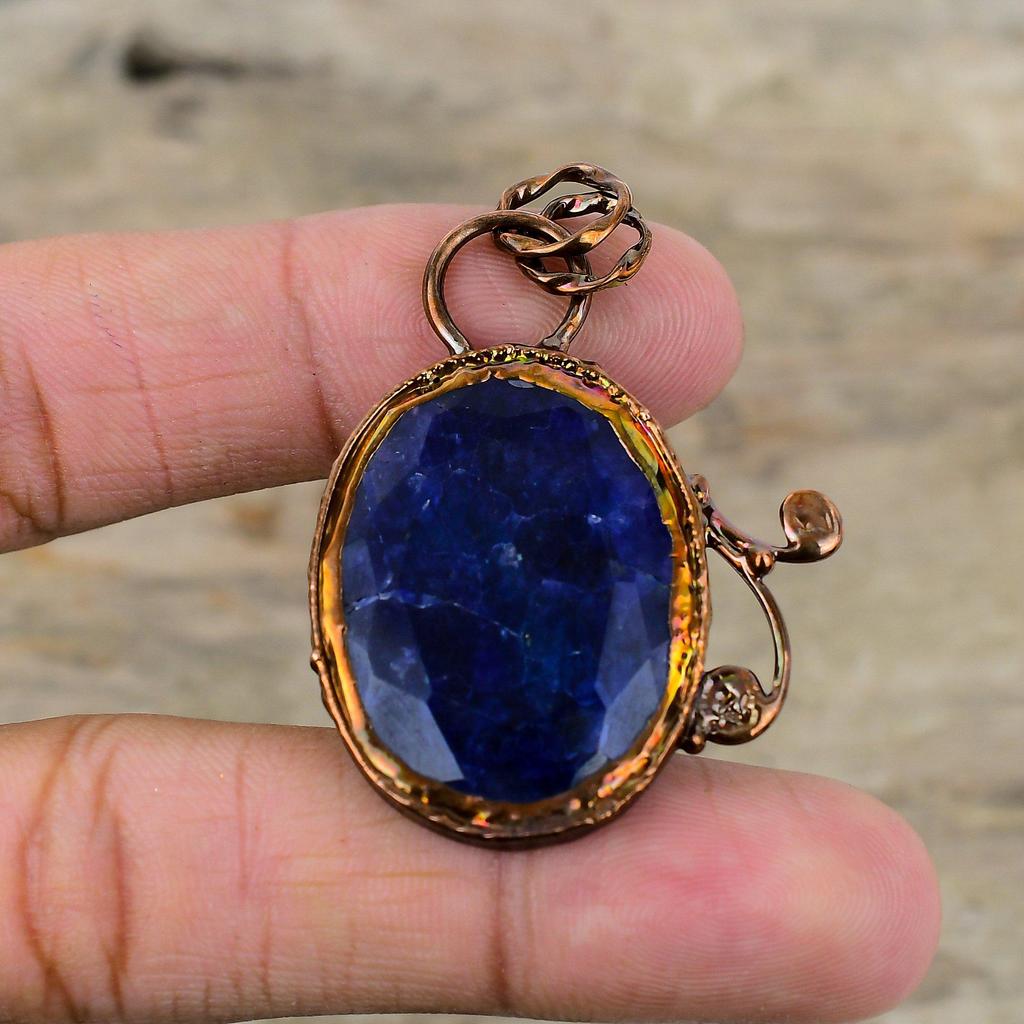Faceted Blue Sapphire Pendant Electroformed Copper Pendant Very Pretty Gemstone Pendant Electroformed Jewelry Wedding Gift Handmade Pendant