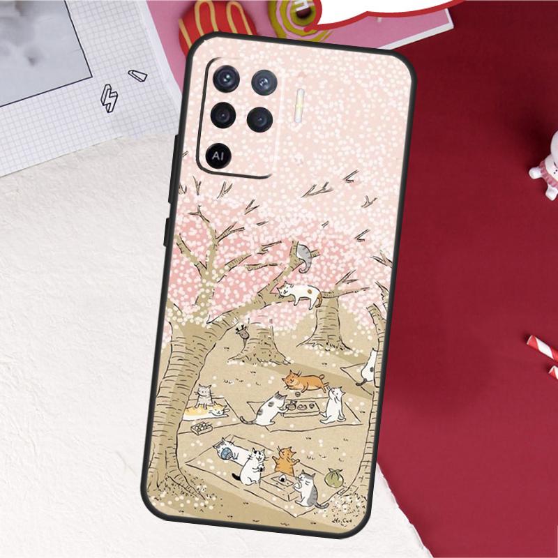 Japanese Cat Drink Pattern Case For Oppo A17 A57 A77 A74 A54 A94 A78 A98 A18 A60 A80 A40 A38 A58 A96 A76 A16 A15 A5 Pro