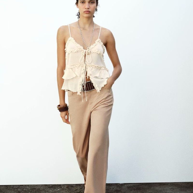 Zbzr Spring New Women clothes Western Style Sleeveless Slim fit Frill V-neck Fine Sling Top 4192047