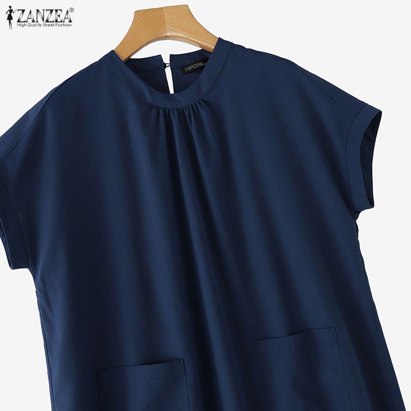 ZANZEA Women Casual Round Neck Solid Color Loose Short Sleeve Dress