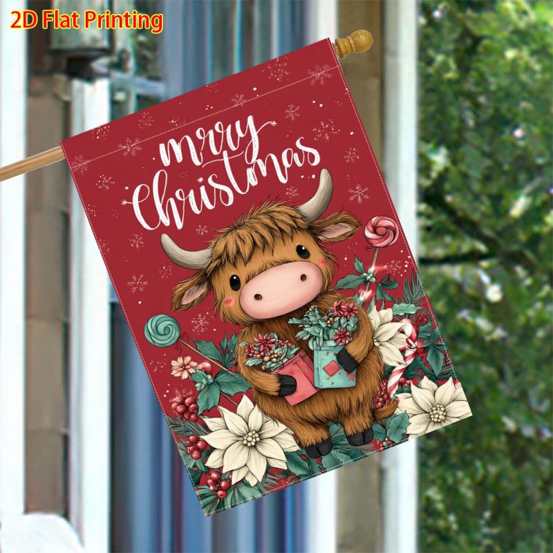 1pc a Double-Sided Garden Flag Featuring Highland Cattle, Poinsettias, Red Berries, And Gifts for Winter Christmas, Measuring Suitable for Outdoor An