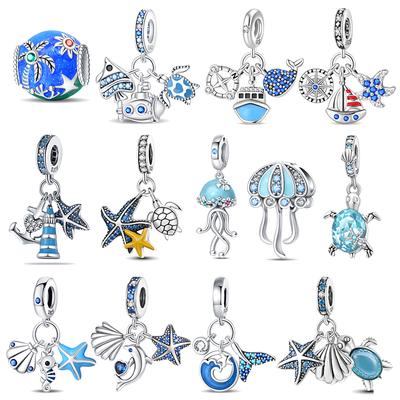 925 Silver Blue Ocean Charms Pendants Ship Lighthouse Starfish Turtle Dolphin Fit Bracelets DIY Jewelry Gifts for Women
