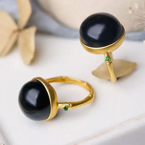 Natürlicher Hetian Schwarzer Jade Runde Perle Öffnung Verstellbarer Ring Chinesischer Retro Eleganter Bambus Anhänger Damen Schmuck
