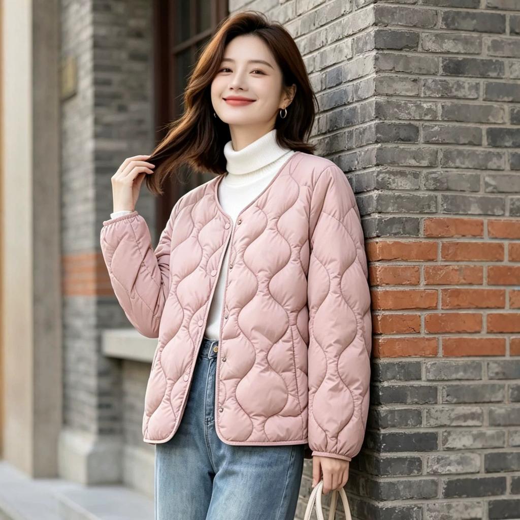 Light and thin cotton-padded clothes women's short casual cotton-padded jackets autumn and winter new V-neck warm jackets small versatile