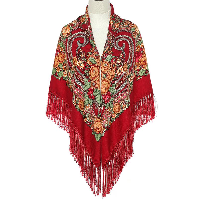 Square Shawl Flower Scarf For Women'S Large-Sized Hijab Retro Printed Tassels Warp Warm Autumn And Winter Cape Bufandas Poncho