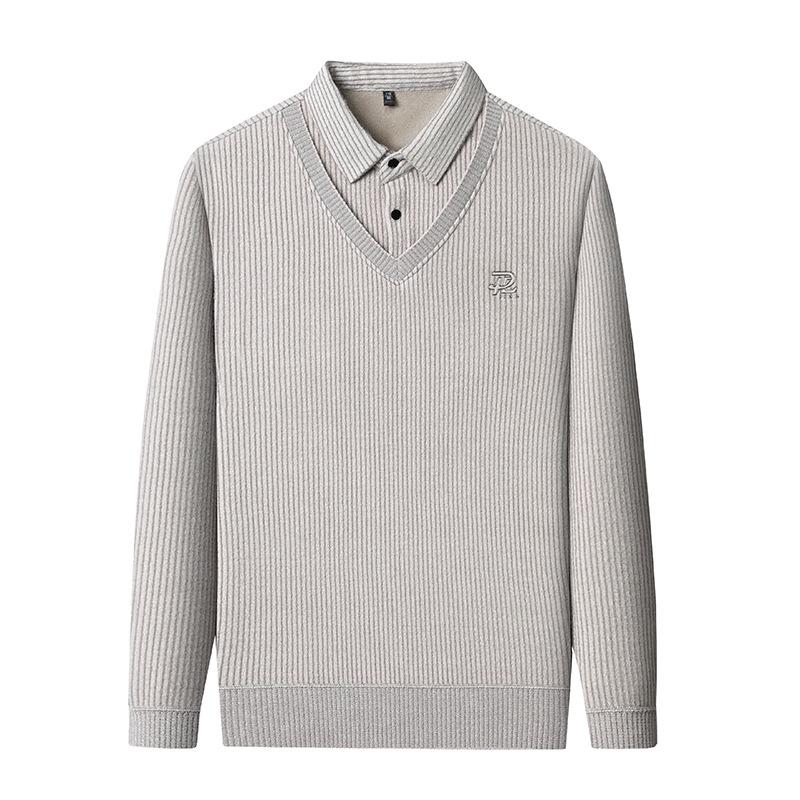 Men's 2025 Winter Knit Sweater with Shirt Collar - Plus Velvet, Thick, Warm, Long Sleeve, Fake Two-Piece Design for Middle-Aged