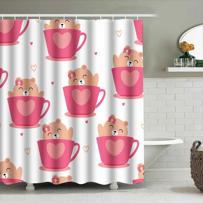 Pink Teddy Bear Tea Cup Shower Curtain Bathroom Decor For Girls And Women Cute Animal Print Wall Hangings Pink Love Hearts Size: