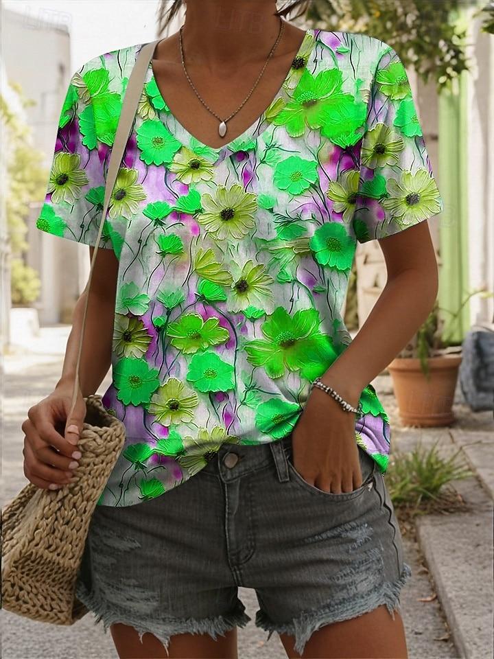 

Women s T Shirt Print Floral 3D Stylish Casual Short Sleeve V Neck Regular Tops Daily Blue Red Purple Orange Green Summer 2XL