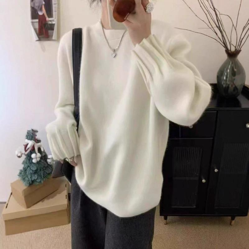 Crew neck retro cuff pleated knitted sweater women's autumn and winter new versatile loose soft waxy solid color pullover sweater