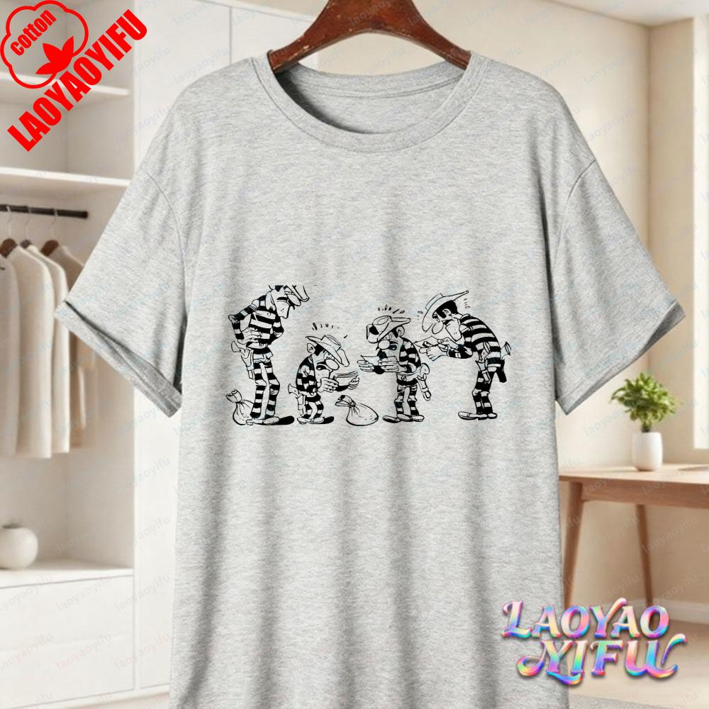 Lucky Luke Vollbesetzung Druck Lässige Oberteile Verspieltes West-Cartoon Baumwoll-T-Shirt Lustiges Vintage Klassisches Anime-Shirt Trend Unisex Kleidung