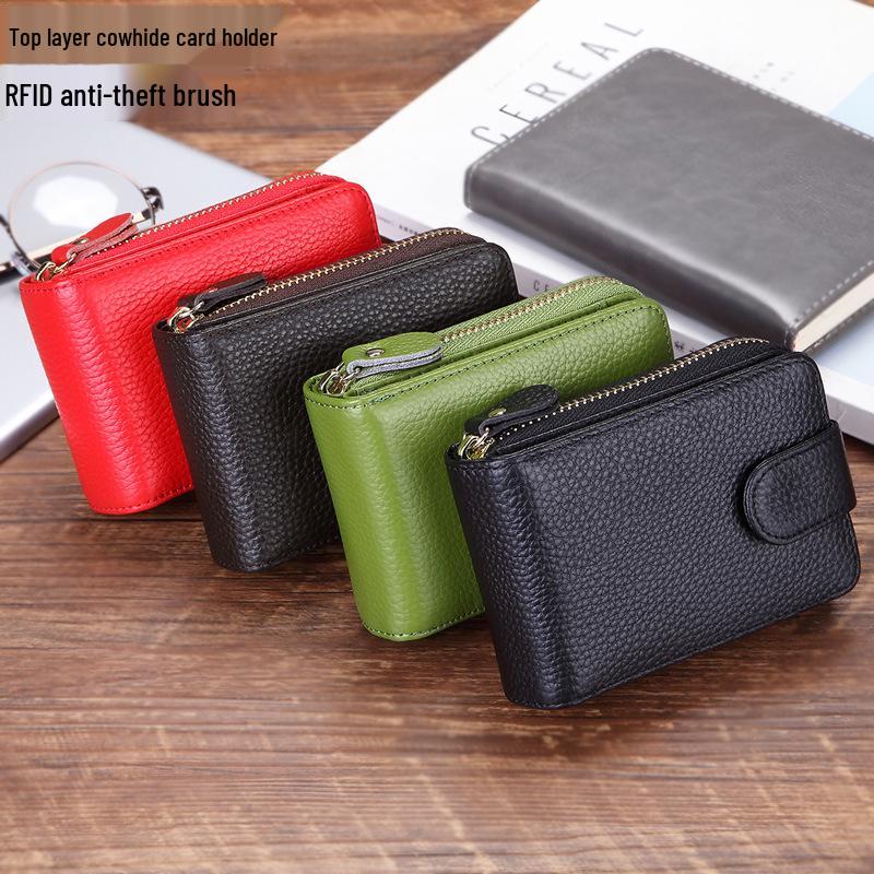 RFID Anti-Theft Cowhide Accordion Card & ID Holder with Zipper