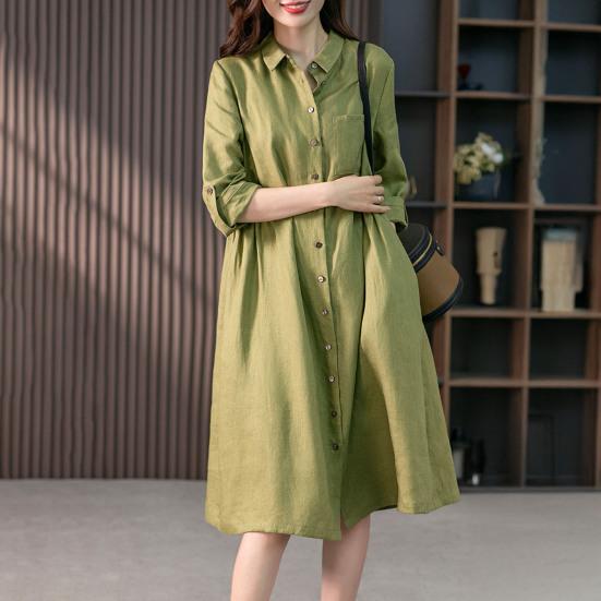 Women Shirt Dress Lapel 3/4 Sleeve High Waist Midi Dress Solid Color Loose Fit Summer Dress Office Lady Wear