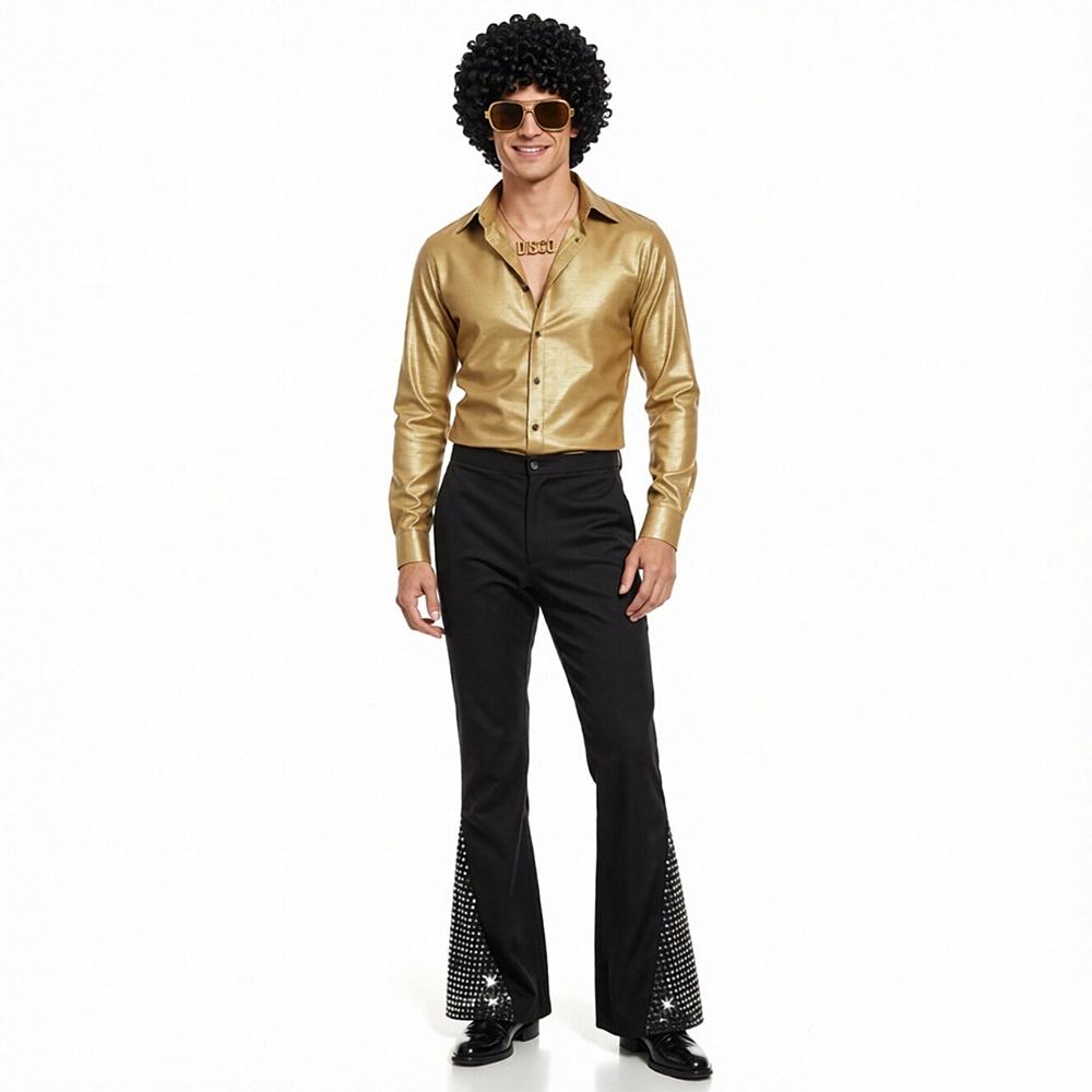 6pcs Men Disco Costume Set 1970s Retro Stage Performance Suit With Big Hair Sunglasses Mustache And Necklace Halloween Costume