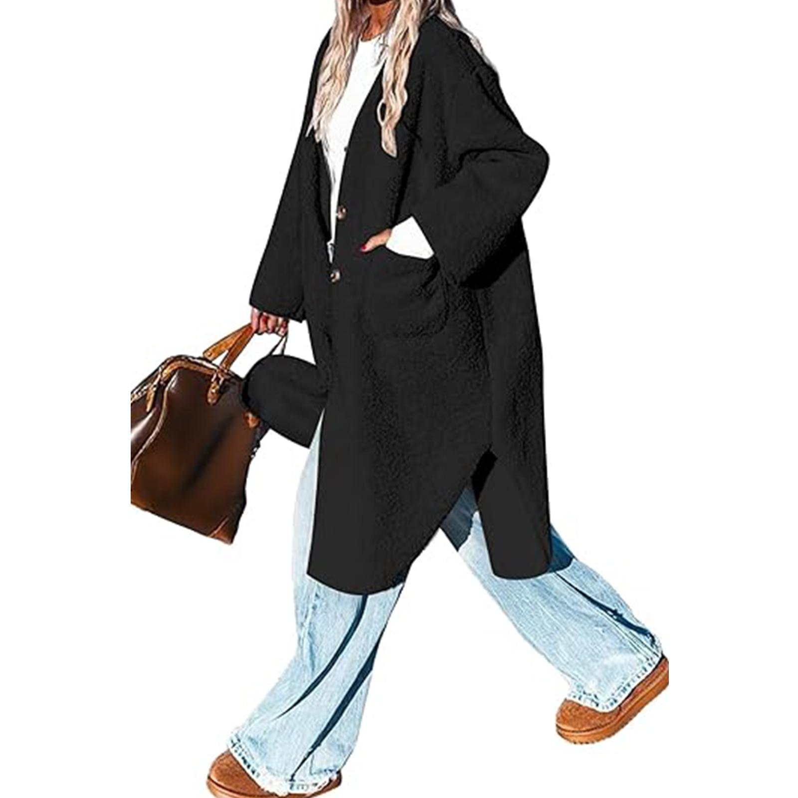 

Женская однотонная свободная модная флисовая куртка большого размера с длинными рукавами XXL чёрный